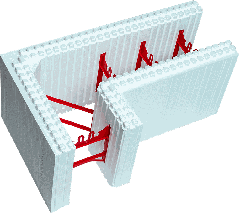 SuperForm ICF block: two EPS foam panels held together by red plastic ties, leaving a hollow core that is filled with rebar and concrete